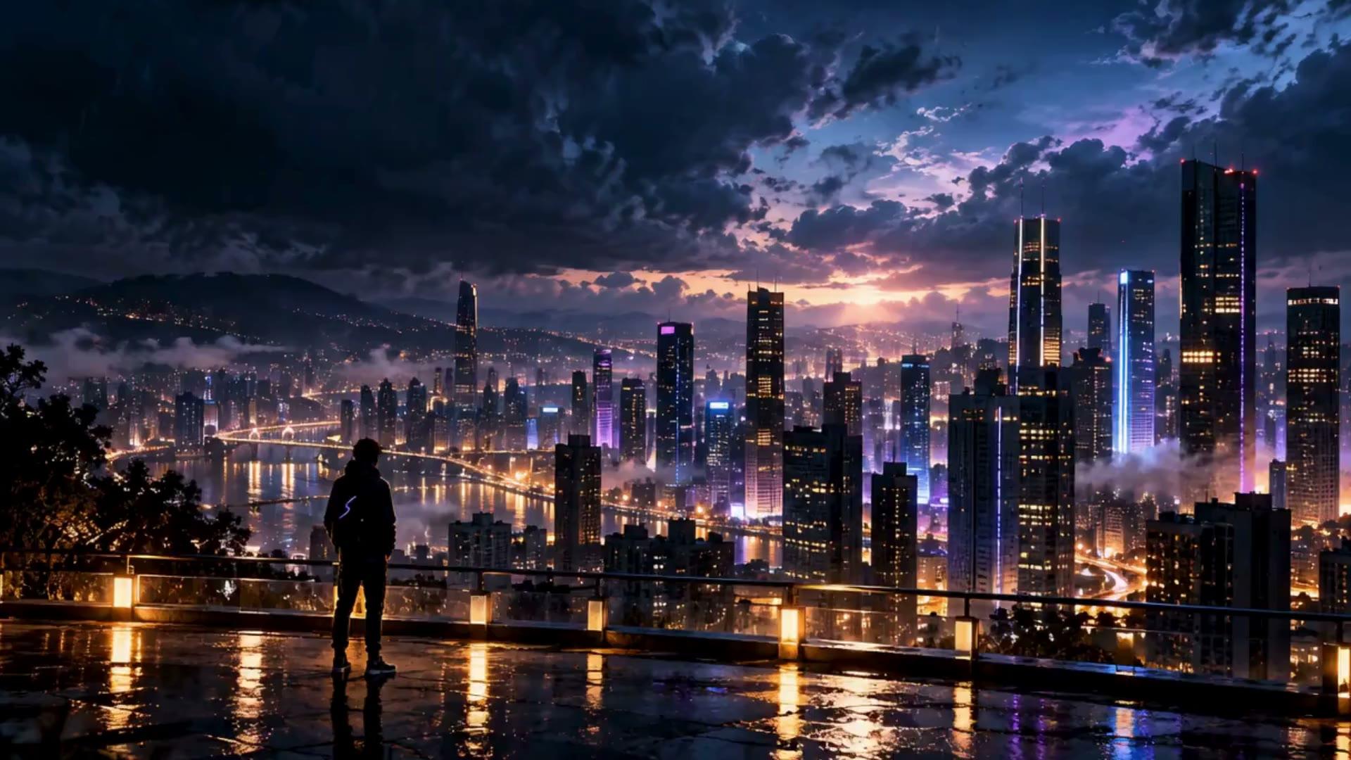 Una persona mira la ciudad desde un mirador al atardecer