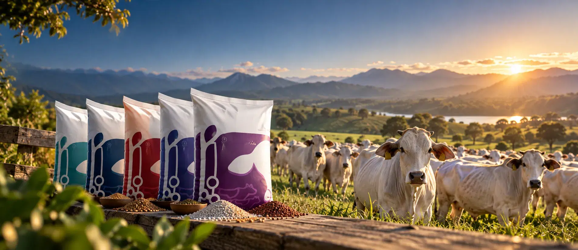 Nutrimax salt bags in front of a pasture with cattle